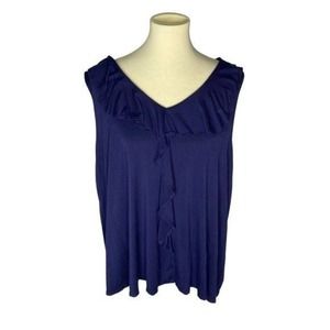 Navy Blue V Neck Ruffle Trim Blouse  - Size 18/20, Navy Blue